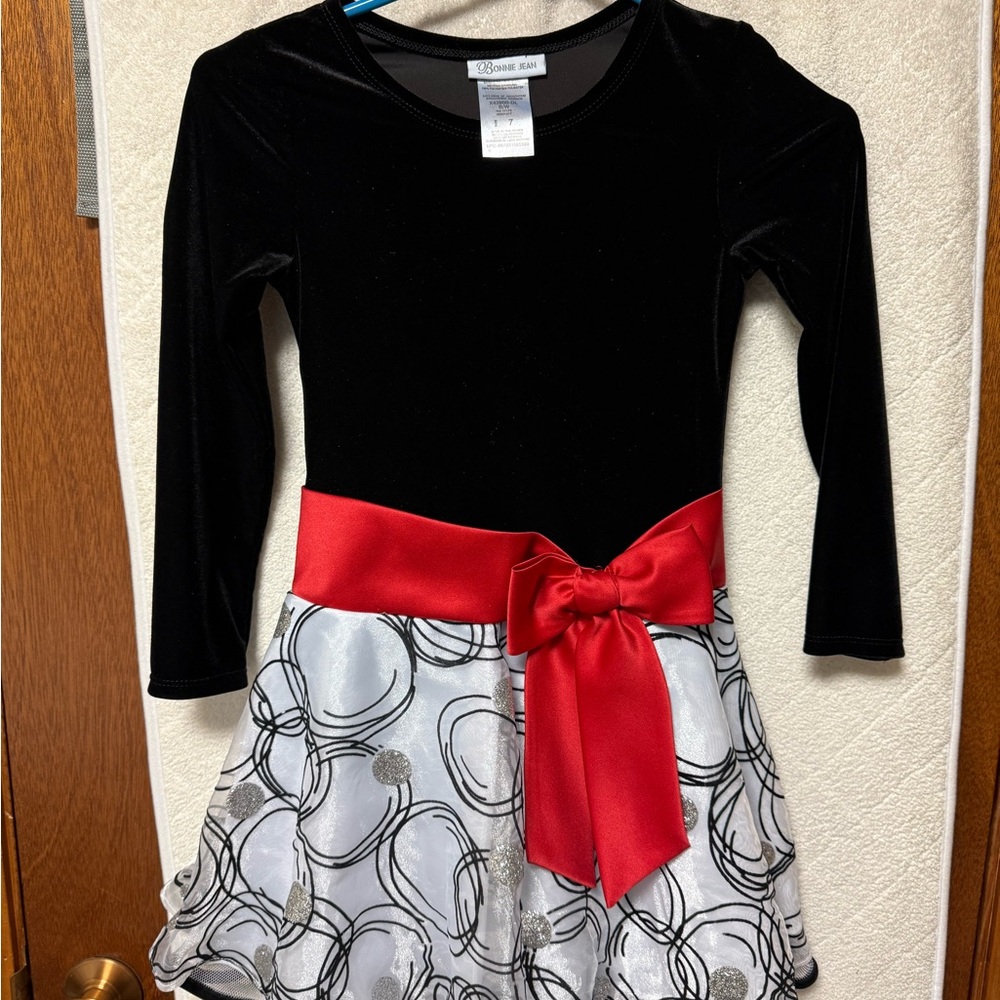Bonnie Jean Girls Black and White Dress with Red Bow